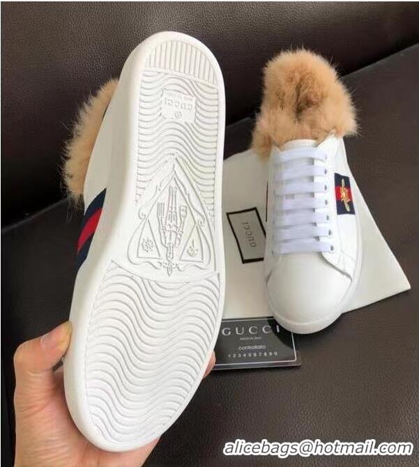 Top Quality Gucci Ace Leather Low-Top Sneakers With Fur G429446 White