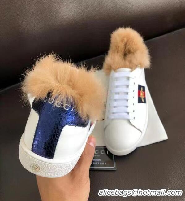 Top Quality Gucci Ace Leather Low-Top Sneakers With Fur G429446 White