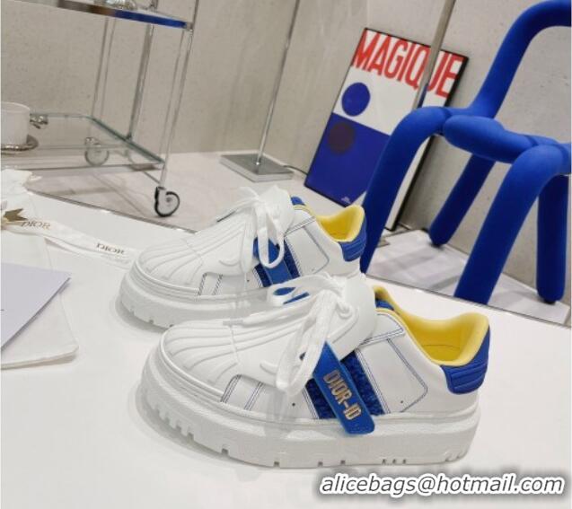 Classic Practical Dior DIOR-ID Sneakers in White Calfskin and Blue Terry Cotton 082018