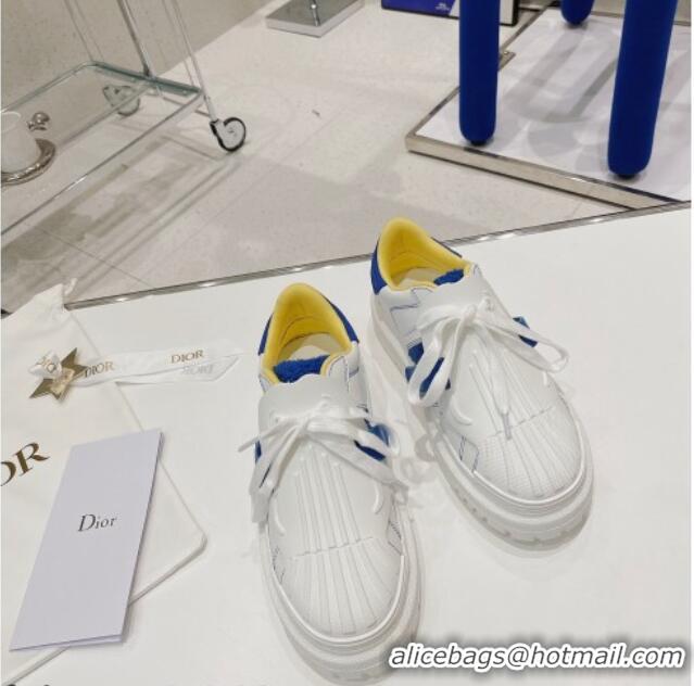 Classic Practical Dior DIOR-ID Sneakers in White Calfskin and Blue Terry Cotton 082018