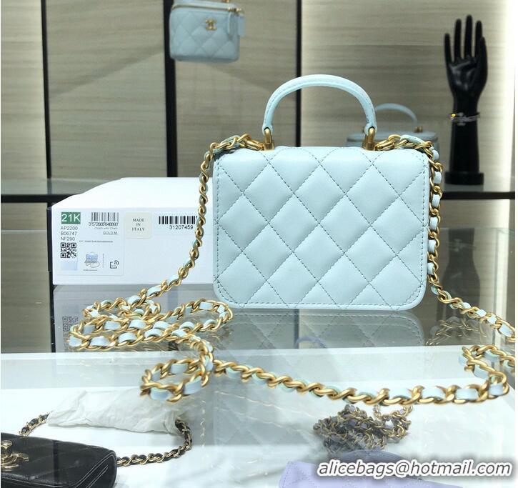 Super Quality CHANEL Top Handle Micro Mini Wallet On Chain AP2200 Light Blue