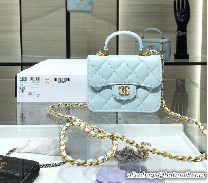 Super Quality CHANEL Top Handle Micro Mini Wallet On Chain AP2200 Light Blue