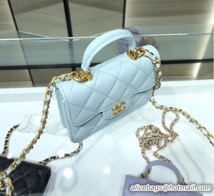 Super Quality CHANEL Top Handle Micro Mini Wallet On Chain AP2200 Light Blue