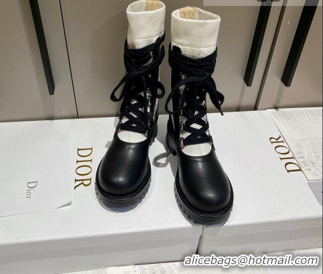 Best Grade Dior Diorland Lace-up Boots 5cm in Black Calfskin and White Cotton 092429