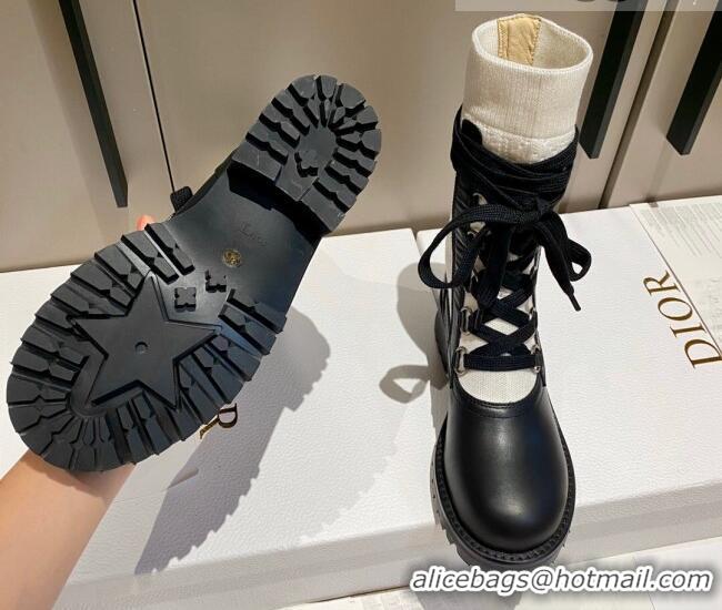 Best Grade Dior Diorland Lace-up Boots 5cm in Black Calfskin and White Cotton 092429