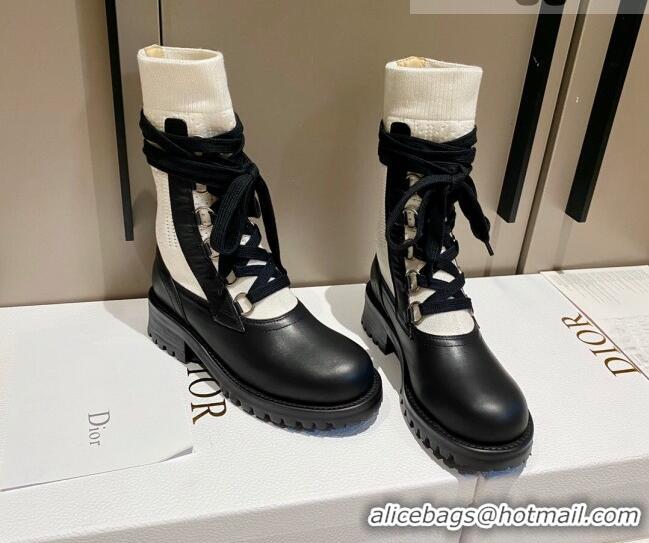 Best Grade Dior Diorland Lace-up Boots 5cm in Black Calfskin and White Cotton 092429