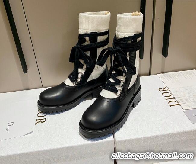 Best Grade Dior Diorland Lace-up Boots 5cm in Black Calfskin and White Cotton 092429