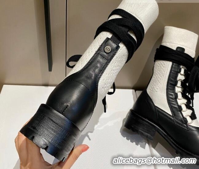 Best Grade Dior Diorland Lace-up Boots 5cm in Black Calfskin and White Cotton 092429