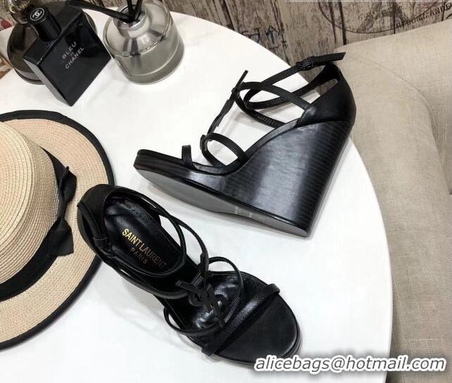 Top Quality Saint Laurent Cassandra Calfskin Wedge Sandals 10.5cm All Black 070649