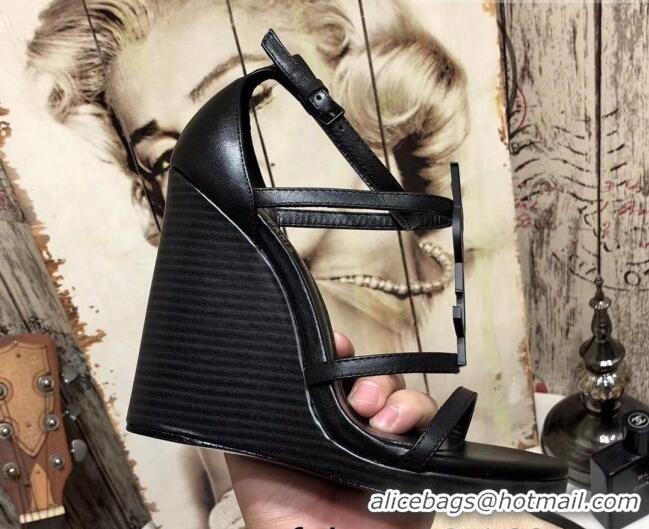 Top Quality Saint Laurent Cassandra Calfskin Wedge Sandals 10.5cm All Black 070649