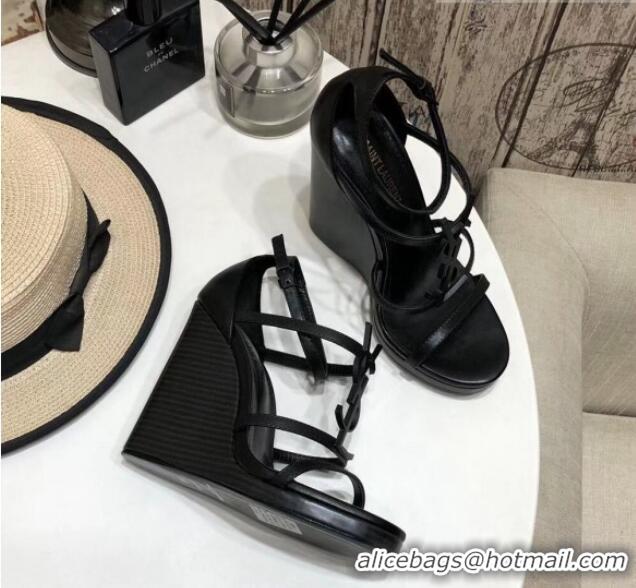 Top Quality Saint Laurent Cassandra Calfskin Wedge Sandals 10.5cm All Black 070649