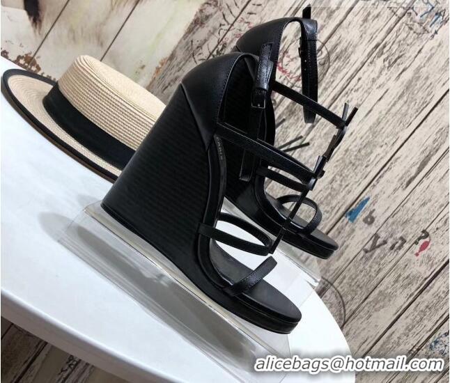 Top Quality Saint Laurent Cassandra Calfskin Wedge Sandals 10.5cm All Black 070649