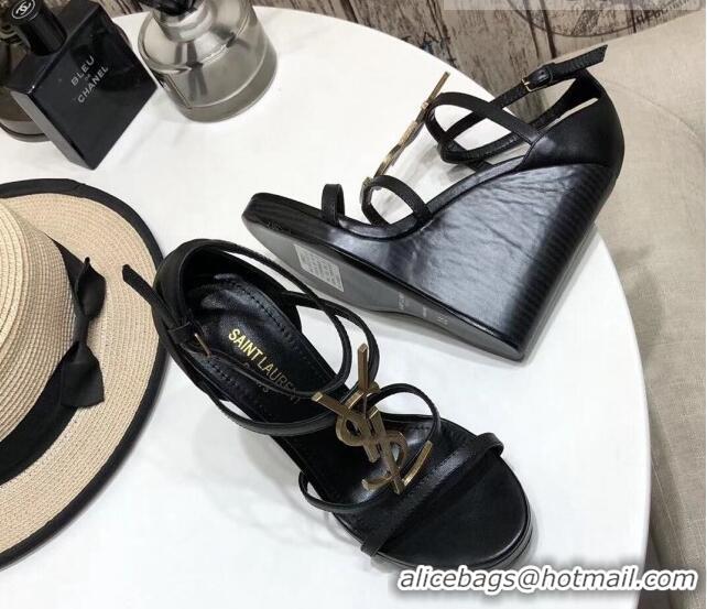 Most Popular Saint Laurent Cassandra Wedge Sandals 10.5cm 070649 Black/Gold