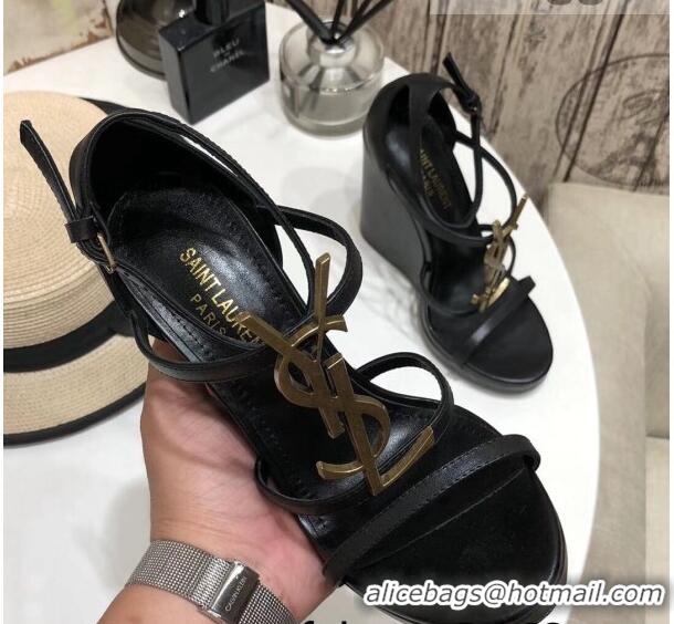 Most Popular Saint Laurent Cassandra Wedge Sandals 10.5cm 070649 Black/Gold