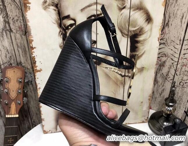 Most Popular Saint Laurent Cassandra Wedge Sandals 10.5cm 070649 Black/Gold