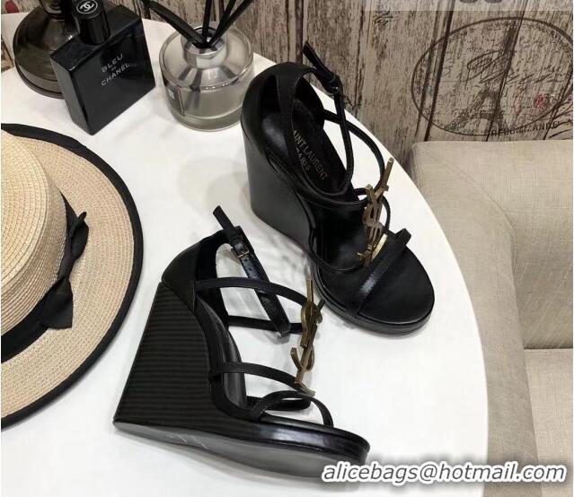 Most Popular Saint Laurent Cassandra Wedge Sandals 10.5cm 070649 Black/Gold