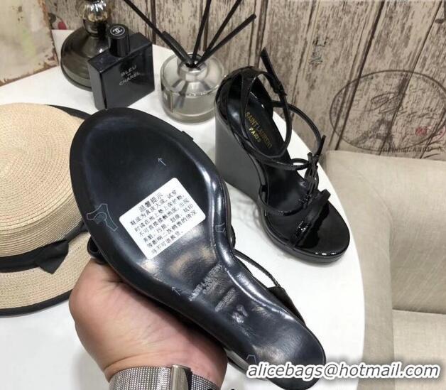 New Fashion Saint Laurent Cassandra Patent Leather Wedge Sandals 10.5cm 070649 All Black