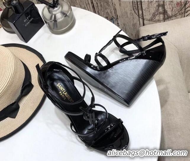 New Fashion Saint Laurent Cassandra Patent Leather Wedge Sandals 10.5cm 070649 All Black