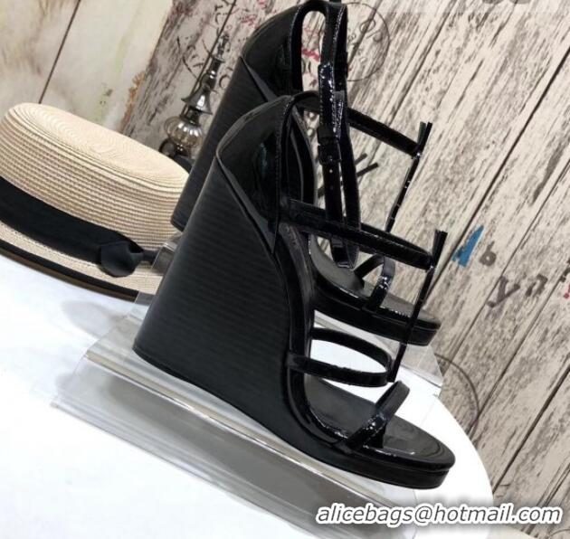 New Fashion Saint Laurent Cassandra Patent Leather Wedge Sandals 10.5cm 070649 All Black