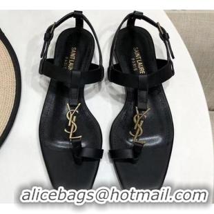 Perfect Saint Laurent YSL Calfskin Flat Thong Sandals 070654 Black 2021