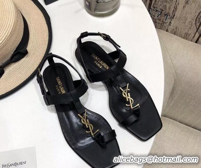 Perfect Saint Laurent YSL Calfskin Flat Thong Sandals 070654 Black 2021