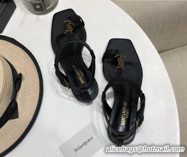 Perfect Saint Laurent YSL Calfskin Flat Thong Sandals 070654 Black 2021