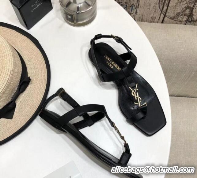 Perfect Saint Laurent YSL Calfskin Flat Thong Sandals 070654 Black 2021