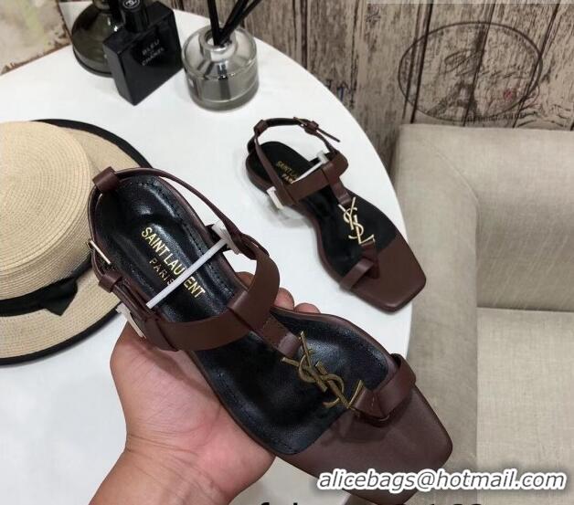 New Style Saint Laurent YSL Calfskin Flat Thong Sandals 070654 Brown 2021