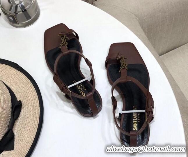 New Style Saint Laurent YSL Calfskin Flat Thong Sandals 070654 Brown 2021