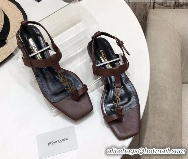 New Style Saint Laurent YSL Calfskin Flat Thong Sandals 070654 Brown 2021