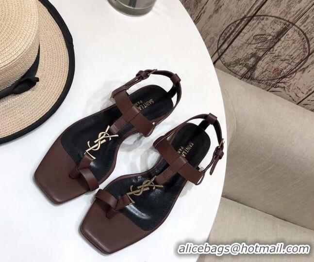 New Style Saint Laurent YSL Calfskin Flat Thong Sandals 070654 Brown 2021