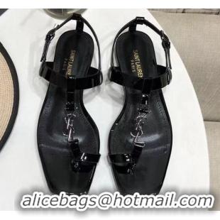 Best Luxury Saint Laurent YSL Patent Leather Flat Thong Sandals 070656 Black 2021