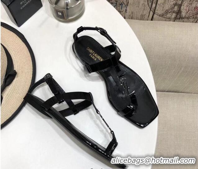 Best Luxury Saint Laurent YSL Patent Leather Flat Thong Sandals 070656 Black 2021