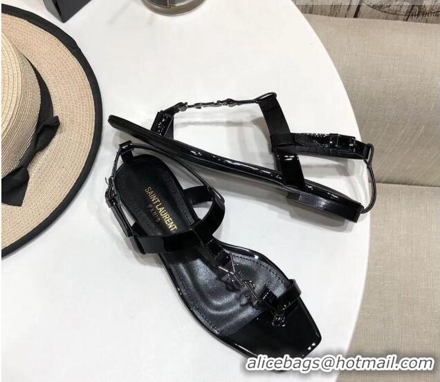 Best Luxury Saint Laurent YSL Patent Leather Flat Thong Sandals 070656 Black 2021