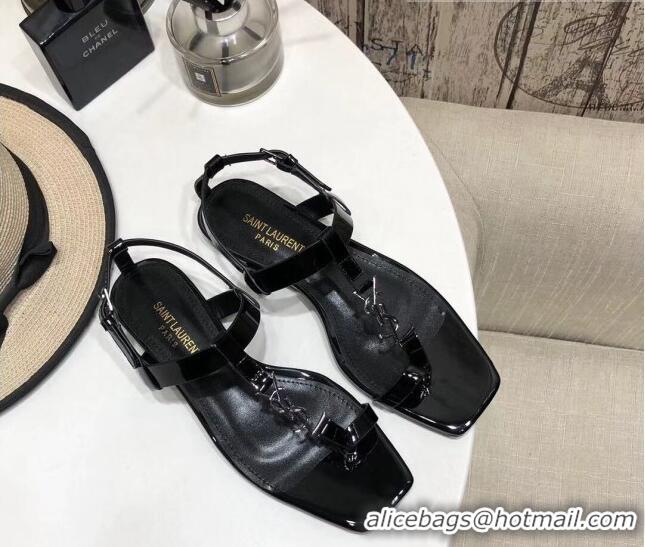 Best Luxury Saint Laurent YSL Patent Leather Flat Thong Sandals 070656 Black 2021