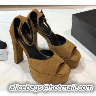 Good Quality Saint Laurent Suede Platform Sandals 13.5cm 070941 Brown 2021