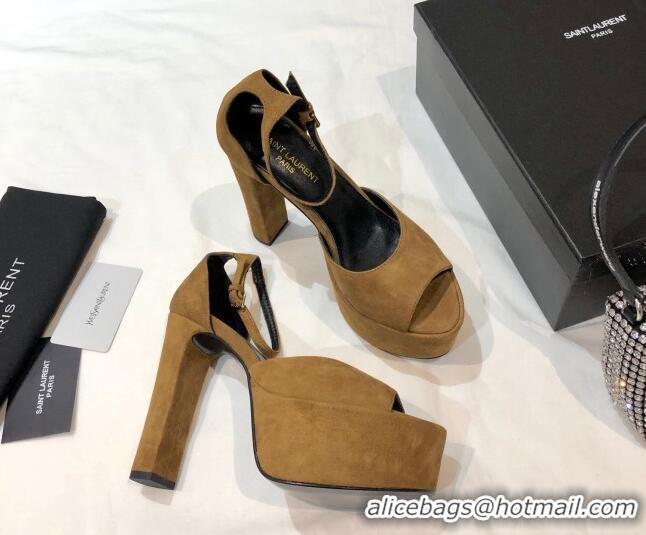 Good Quality Saint Laurent Suede Platform Sandals 13.5cm 070941 Brown 2021