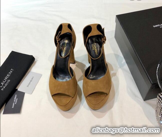 Good Quality Saint Laurent Suede Platform Sandals 13.5cm 070941 Brown 2021