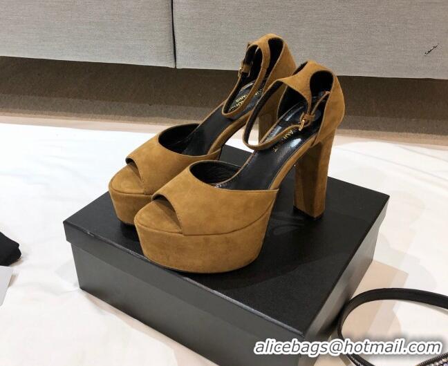 Good Quality Saint Laurent Suede Platform Sandals 13.5cm 070941 Brown 2021