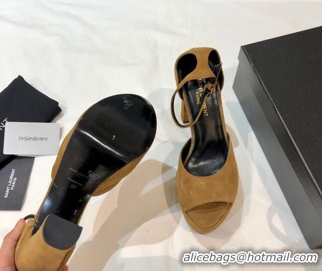 Good Quality Saint Laurent Suede Platform Sandals 13.5cm 070941 Brown 2021