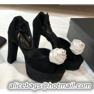 Best Quality Saint Laurent Suede Platform Sandals with Bloom Charm 13.5cm 070941 Black/White