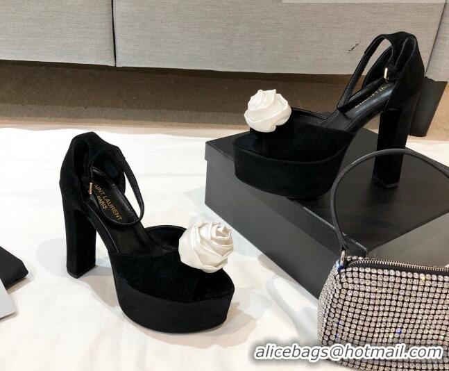 Best Quality Saint Laurent Suede Platform Sandals with Bloom Charm 13.5cm 070941 Black/White