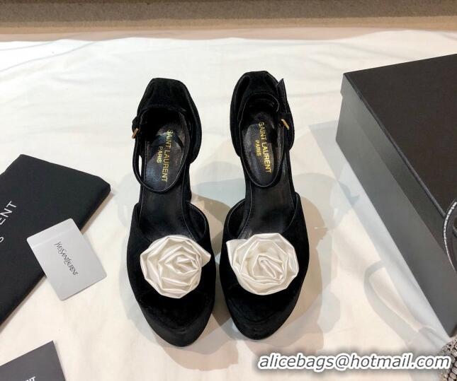 Best Quality Saint Laurent Suede Platform Sandals with Bloom Charm 13.5cm 070941 Black/White