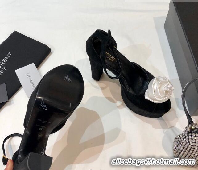 Best Quality Saint Laurent Suede Platform Sandals with Bloom Charm 13.5cm 070941 Black/White