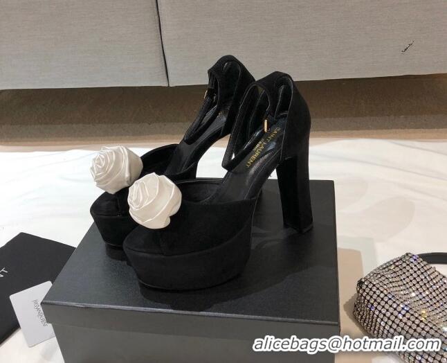 Best Quality Saint Laurent Suede Platform Sandals with Bloom Charm 13.5cm 070941 Black/White