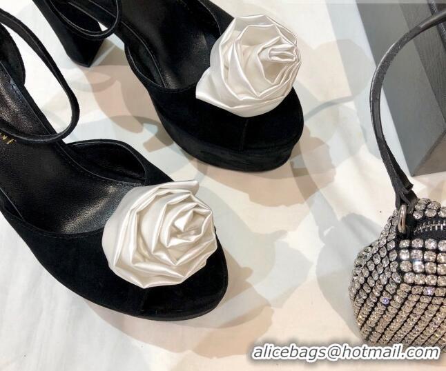 Best Quality Saint Laurent Suede Platform Sandals with Bloom Charm 13.5cm 070941 Black/White