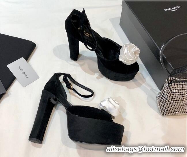 Best Quality Saint Laurent Suede Platform Sandals with Bloom Charm 13.5cm 070941 Black/White