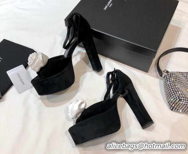 Best Quality Saint Laurent Suede Platform Sandals with Bloom Charm 13.5cm 070941 Black/White