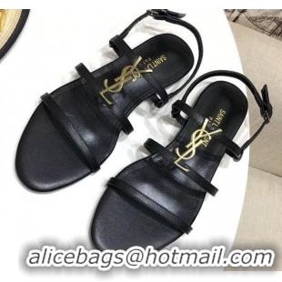 Good Product Saint Laurent YSL Calfskin Flat Sandals 070986 Black 2021