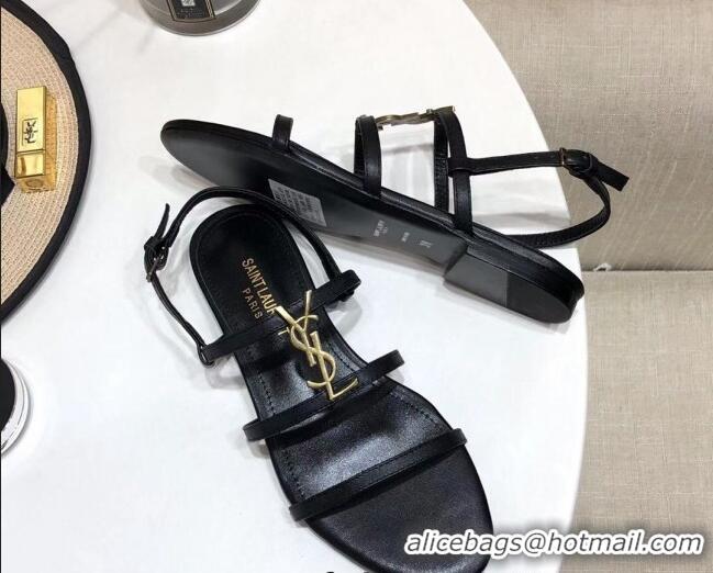 Good Product Saint Laurent YSL Calfskin Flat Sandals 070986 Black 2021